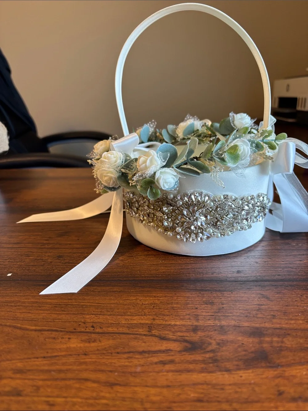 Ivory Flower Girl Basket with White Ribbon and Greenery
